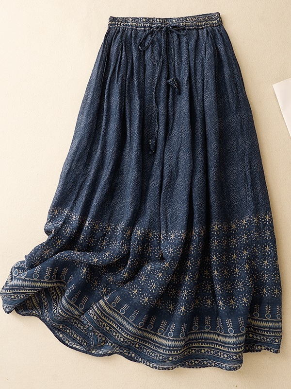 A-Line Skirt Midi - Retro Ethnic Print Cotton Lin Loose