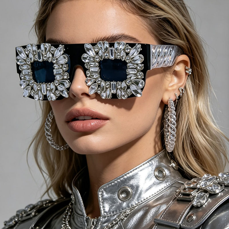 Women'S Fashion Eyeglasses - Exaggerated Bling Rhinestone Square Glasses Women