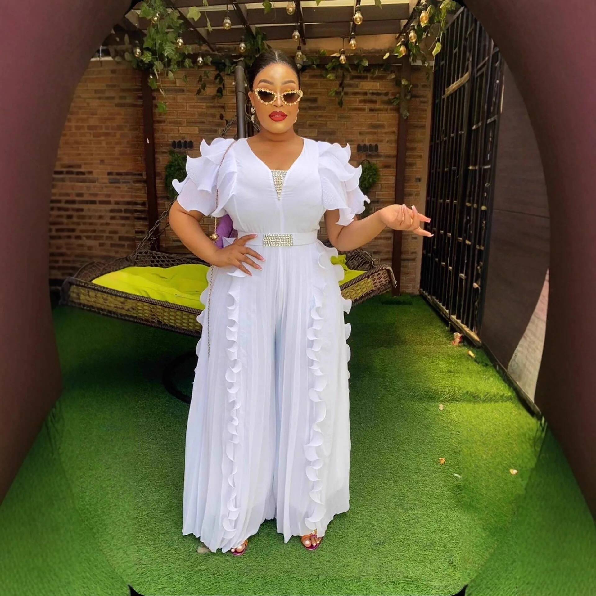 Wide Leg Palazzo Pants - Plus Size Women V-neck Ruffle Jumpsuit