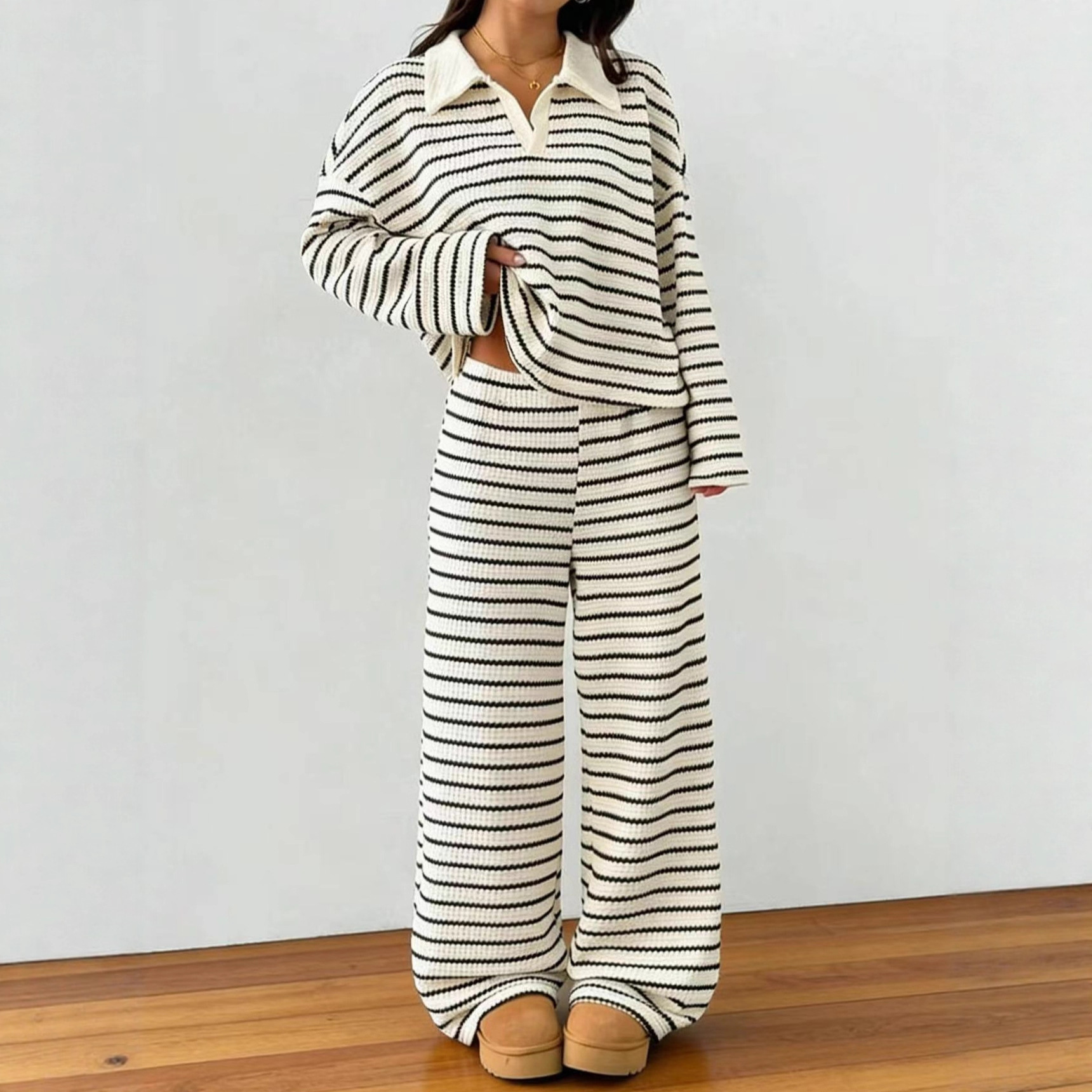 Wide Leg Palazzo Pants - Women's Striped Knit Two Piece Set
