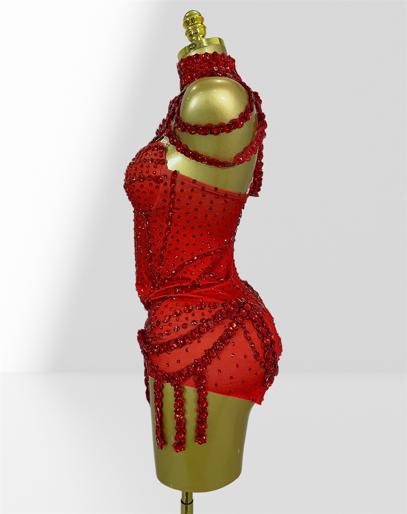 Women Fashion Photoshoot - Red Sparkling Diamond Halter Sleeveless Bodysuit