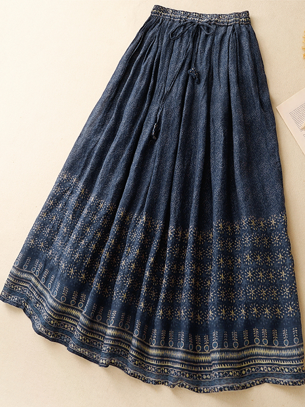 Retro Ethnic Print Cotton Lin  - A-Line Skirt Midi incelemesi ve fiyatı