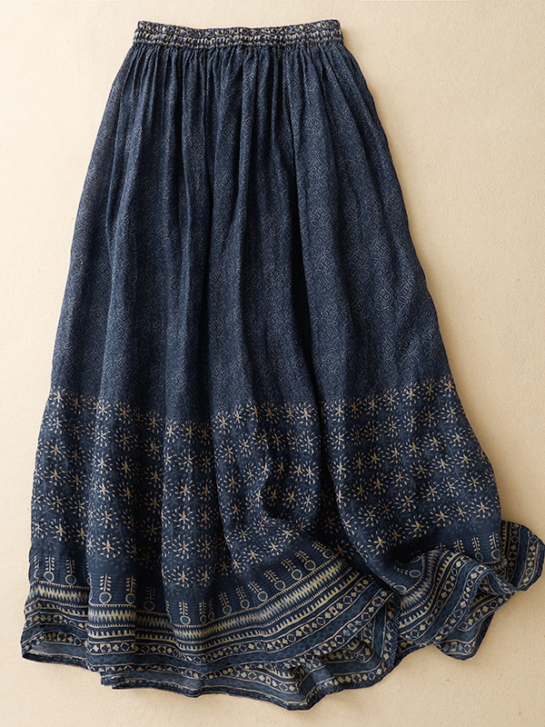 Retro Ethnic Print Cotton Lin  - A-Line Skirt Midi incelemesi ve fiyatı