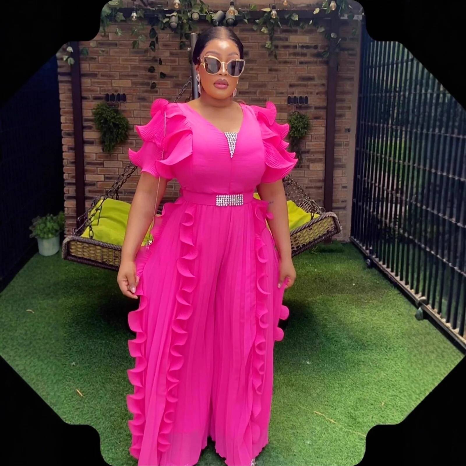 Plus Size Women V-neck Ruffle  - Wide Leg Palazzo Pants incelemesi ve fiyatı