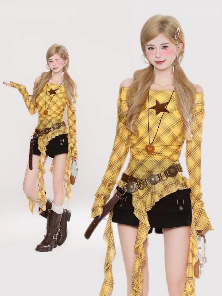 Y2K Plaid Slash Neck Vintage T - Women'S Fashion incelemesi ve fiyatı