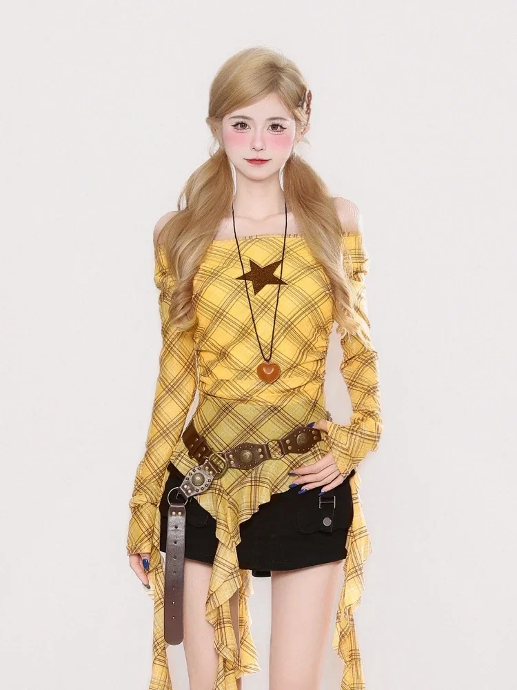 Y2K Plaid Slash Neck Vintage T - Women'S Fashion incelemesi ve fiyatı