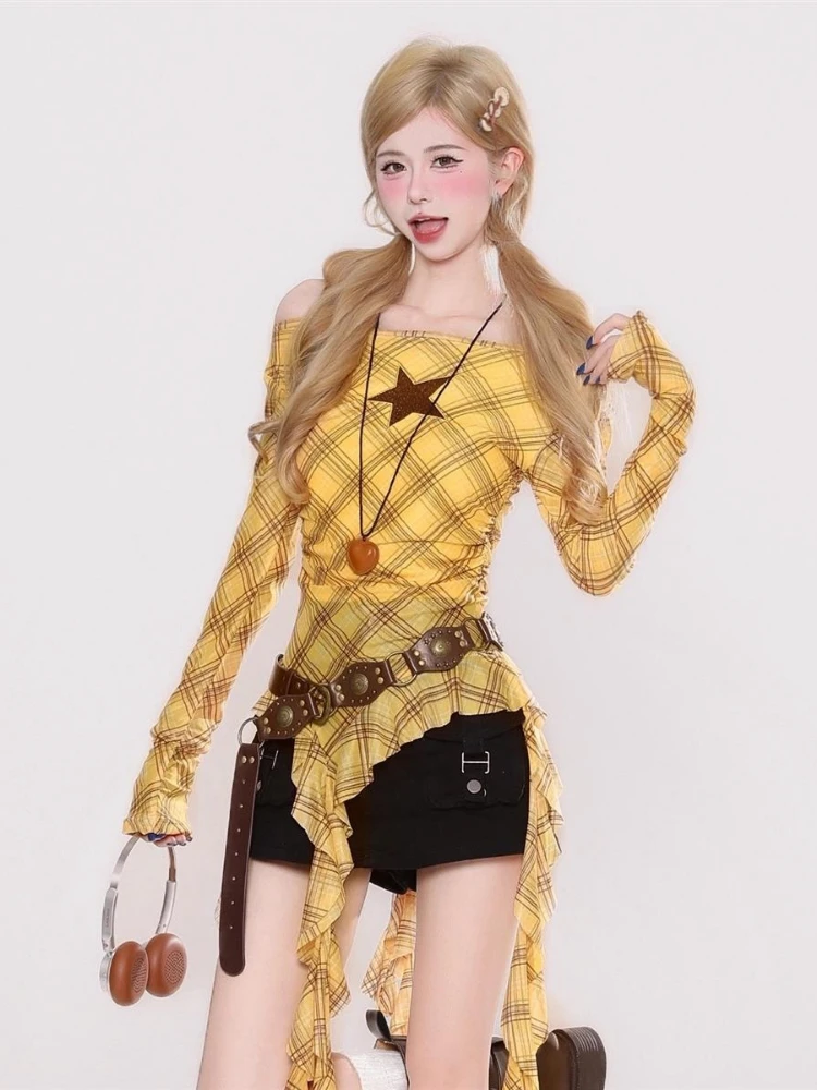 Y2K Plaid Slash Neck Vintage T - Women'S Fashion incelemesi ve fiyatı