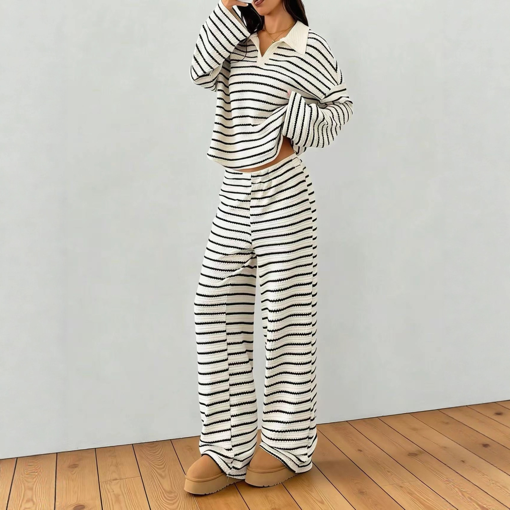 Women's Striped Knit Two Piece - Wide Leg Palazzo Pants incelemesi ve fiyatı