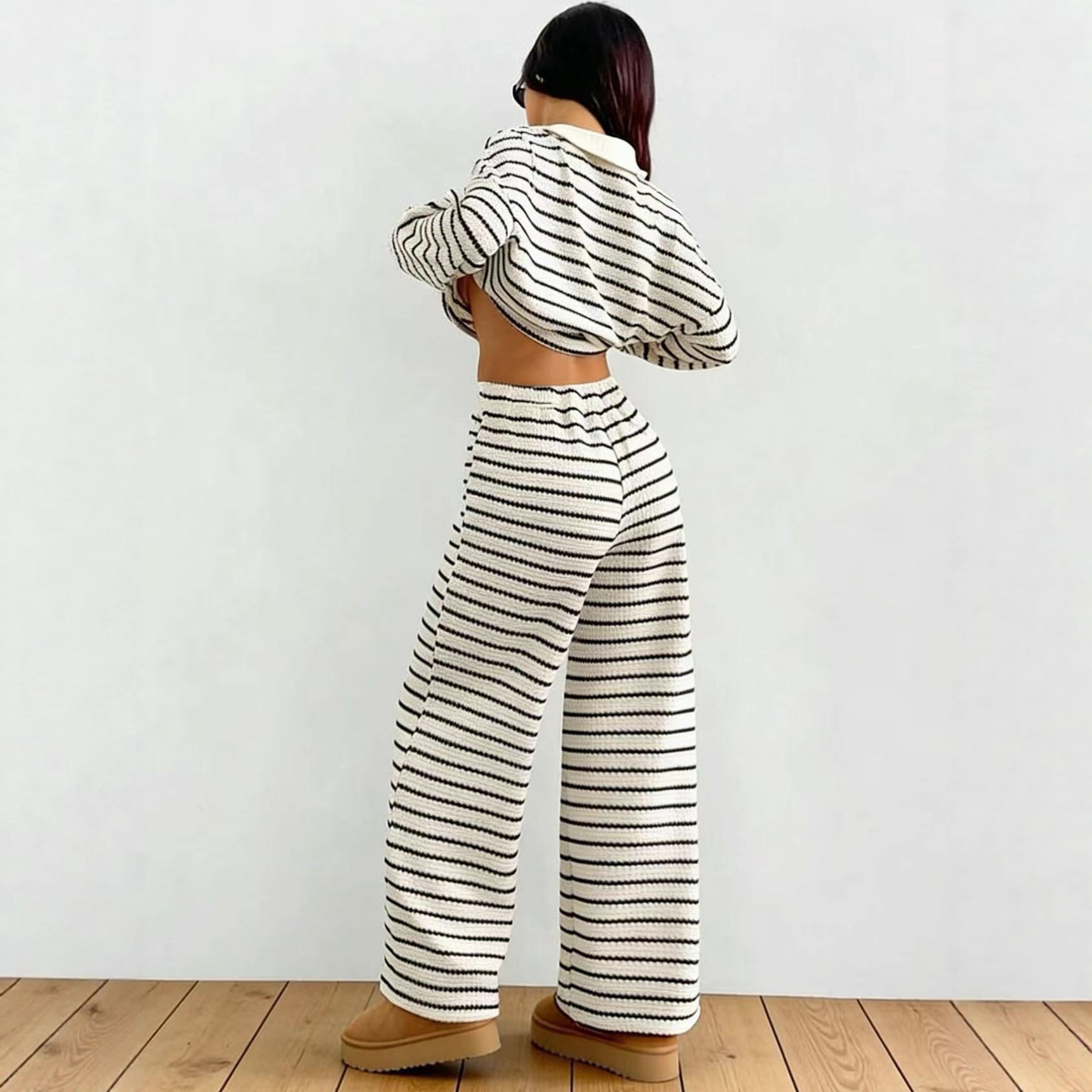 Women's Striped Knit Two Piece - Wide Leg Palazzo Pants incelemesi ve fiyatı