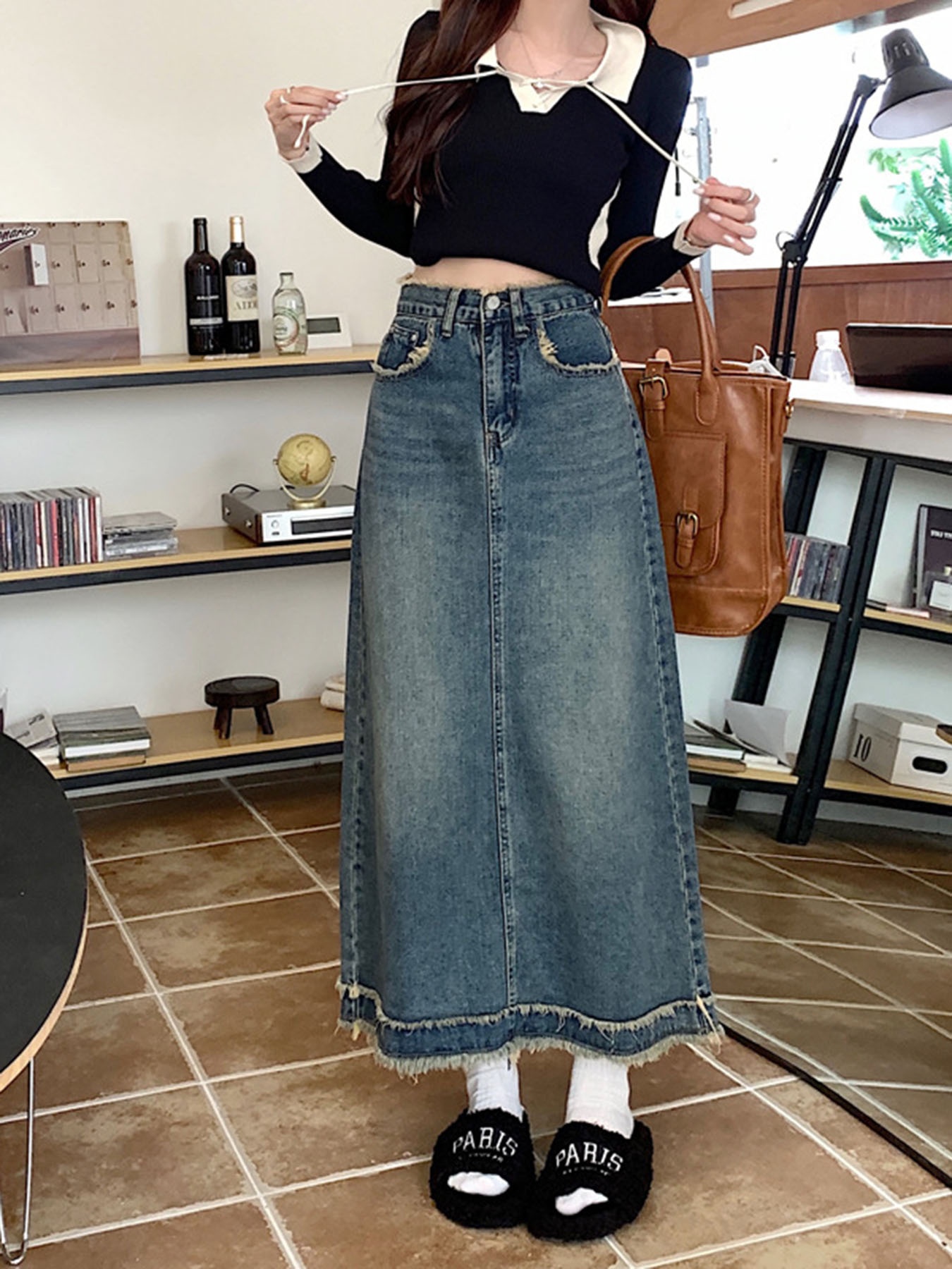 Vintage Frayed Edge High-Waist - A-Line Skirt Midi incelemesi ve fiyatı