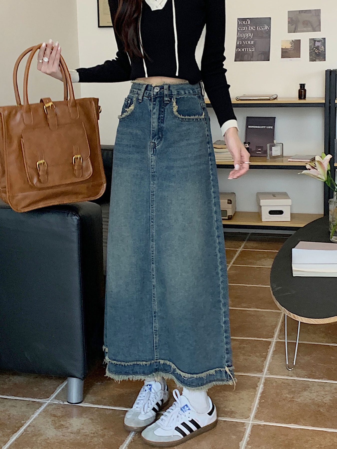 Vintage Frayed Edge High-Waist - A-Line Skirt Midi incelemesi ve fiyatı