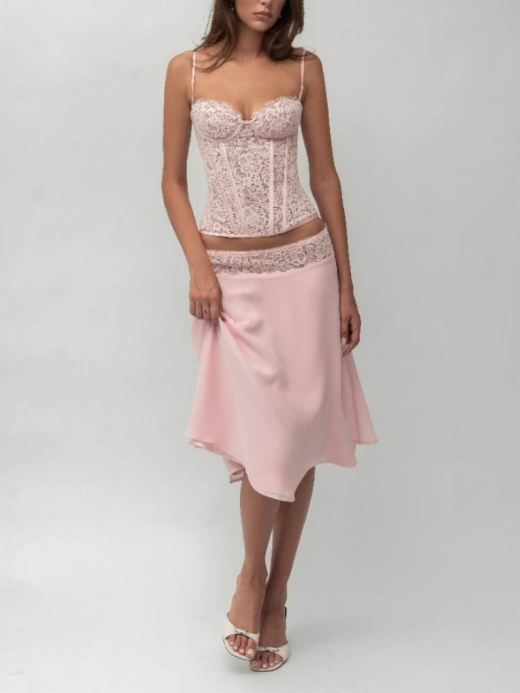 Chic Pink Lace Corset Two-Piec - Asymmetric Top Women incelemesi ve fiyatı