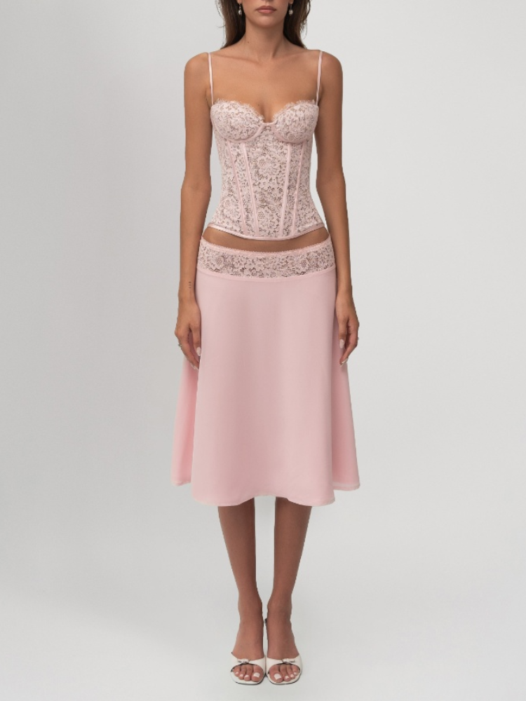 Chic Pink Lace Corset Two-Piec - Asymmetric Top Women incelemesi ve fiyatı