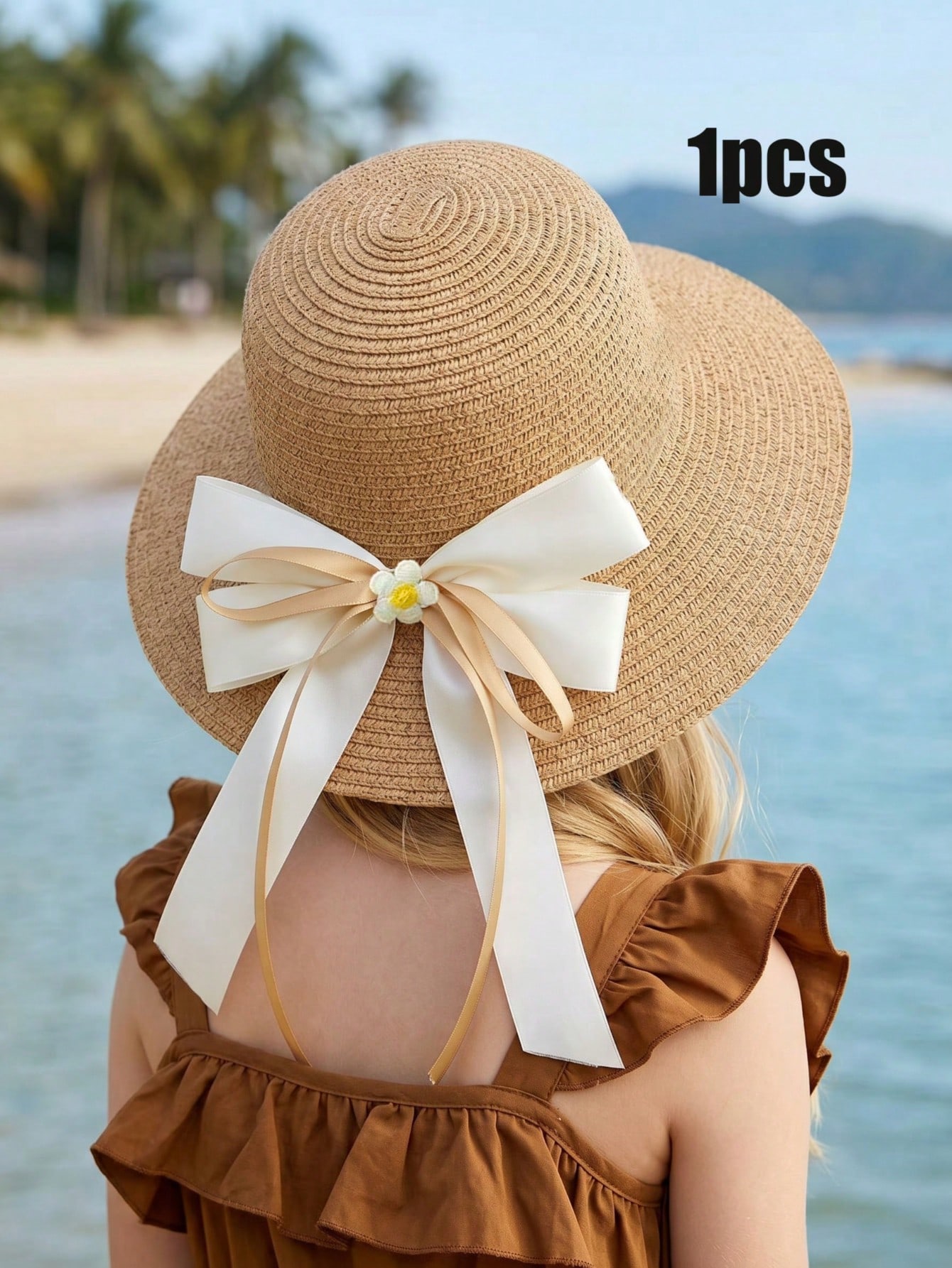 1Pc 3-8Y Girls Coffee Bow Stra - Straw Hat Summer incelemesi ve fiyatı