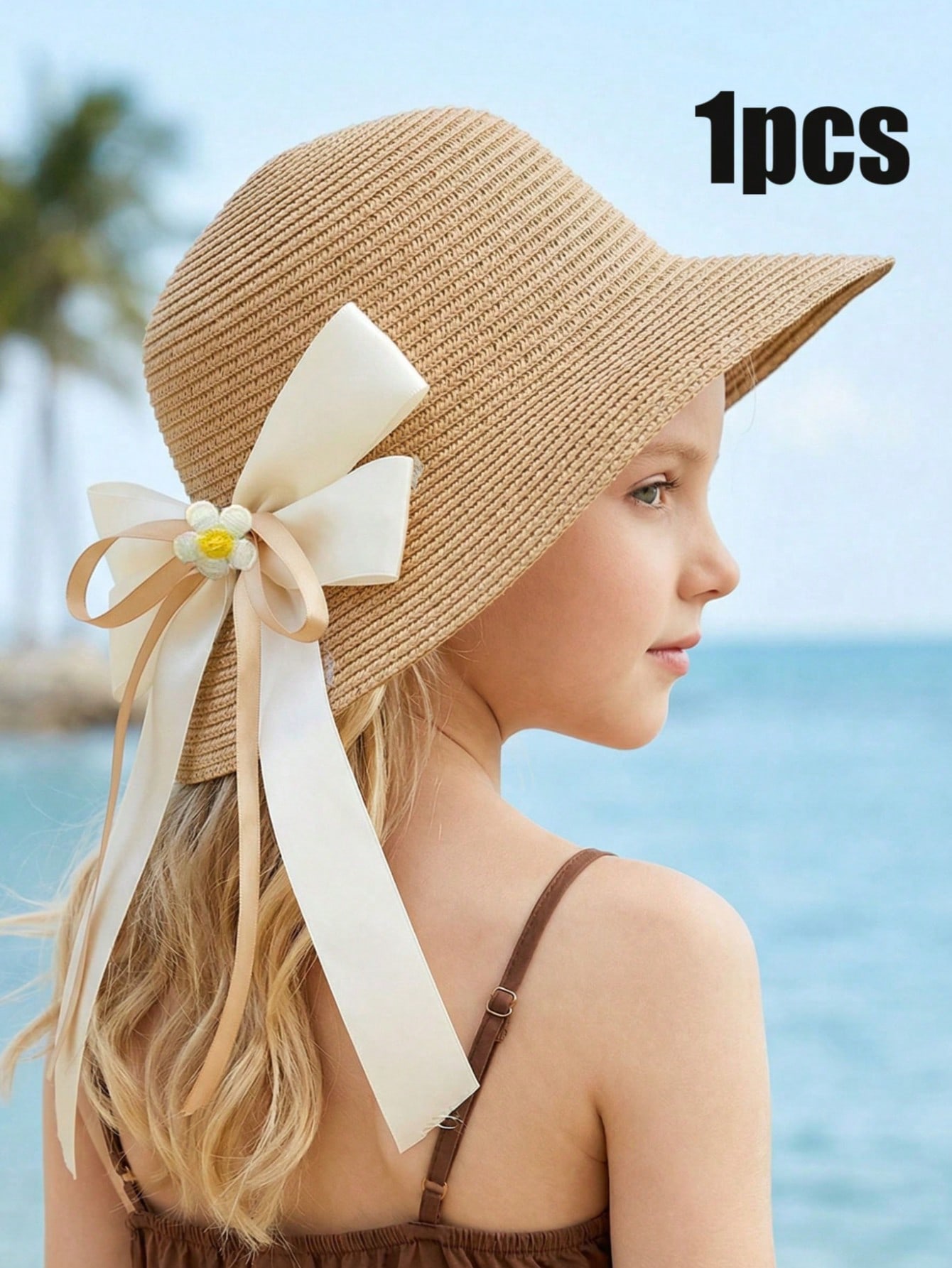 1Pc 3-8Y Girls Coffee Bow Stra - Straw Hat Summer incelemesi ve fiyatı